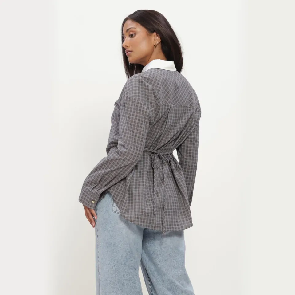 Modström getailleerde geruite blouse grijs, foto 2