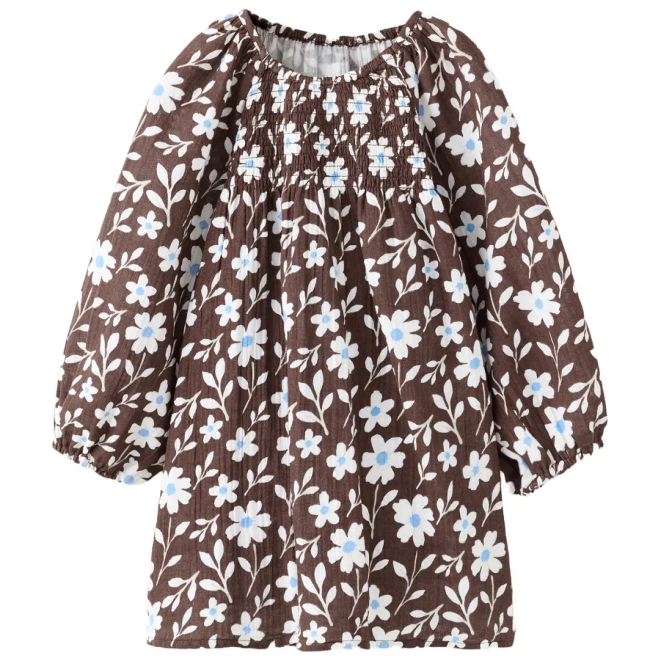 Mango Kids gebloemde korte jurk met smockwerk lichtblauw donkerbruin/wit/lichtblauw, foto 2