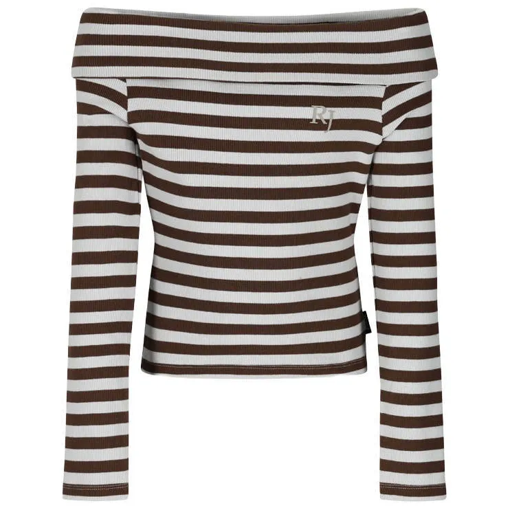Retour Jeans off shoulder gestreepte top bruin, foto 2