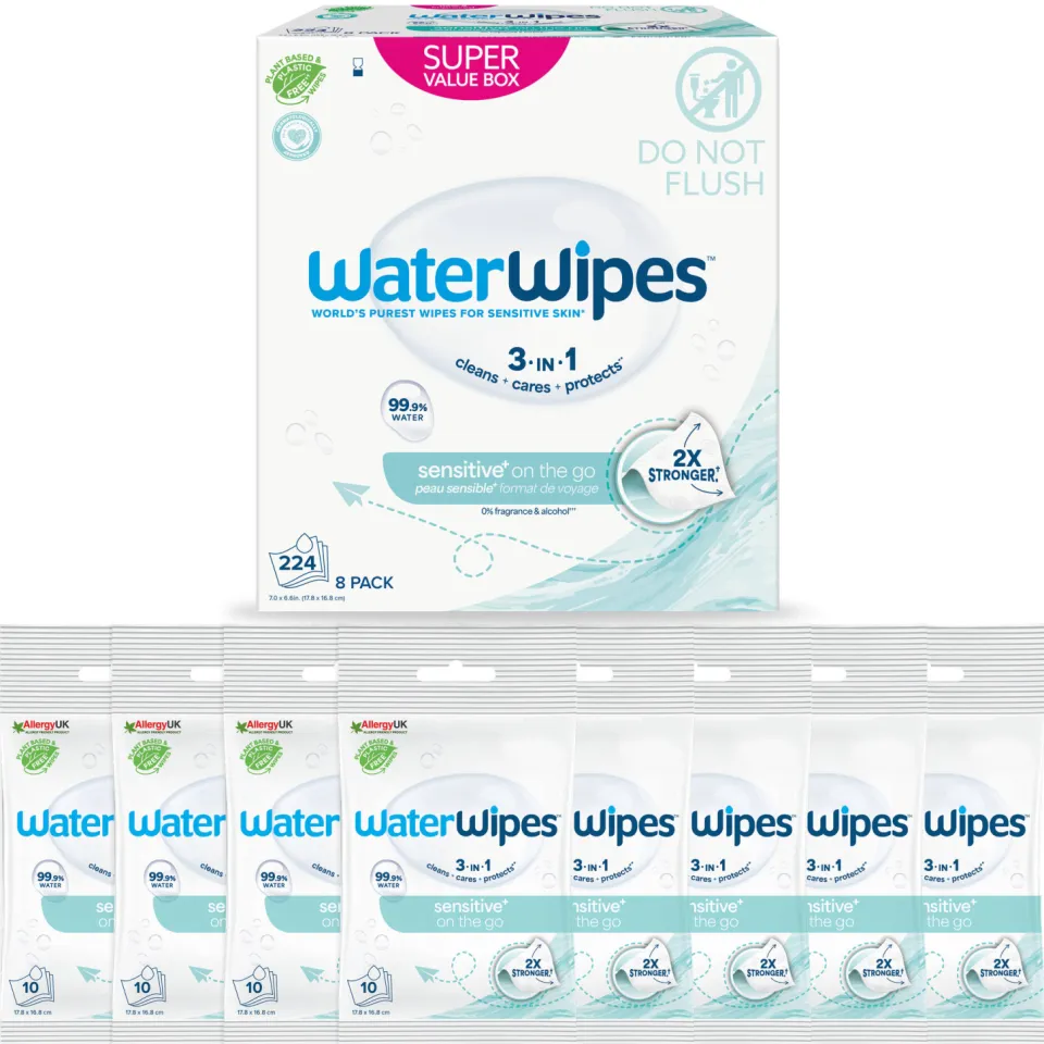 WaterWipes Sensitive On The Go Doekjes – 224 stuks (8 verpakkingen)