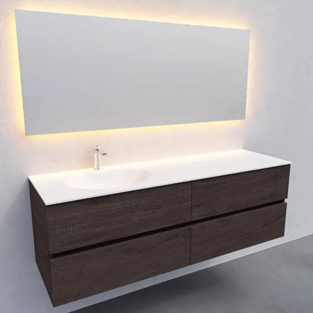Boss & Wessing Badkamermeubel Solid Surface AQS Stockholm 150x46 cm Links Wood Dark Brown 4 Laden Boss & Wessing Houtlook