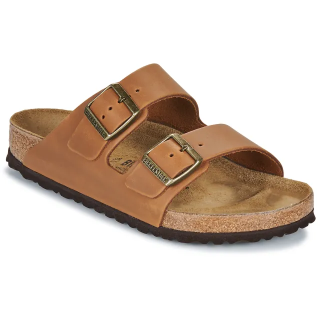 Birkenstock Arizona oiled leather slippers bruin