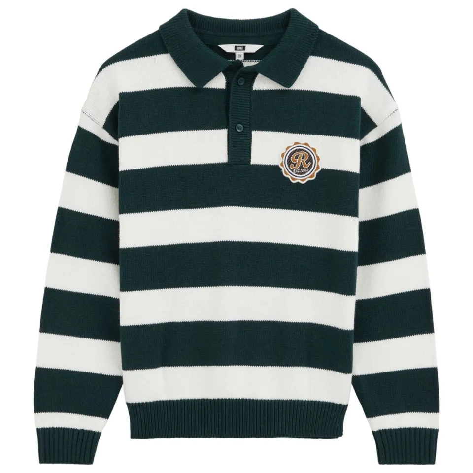 WE Fashion gebreide gestreepte trui met patches - groen/wit, foto 2