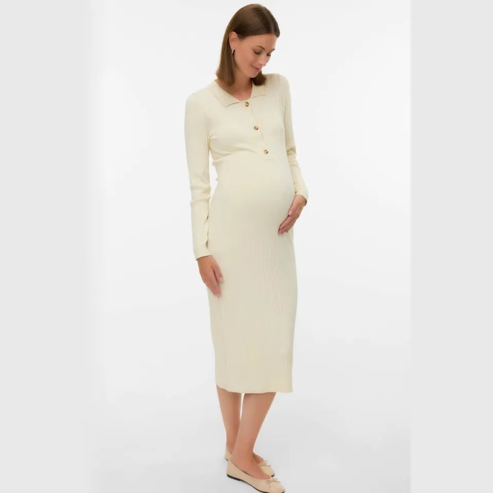 Mamalicious zwangerschaps midi jurk ribgebreid ecru