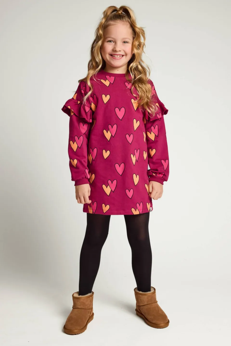 LOOXS little sweatjurk met ruches en hartjes donkerrood, foto 6