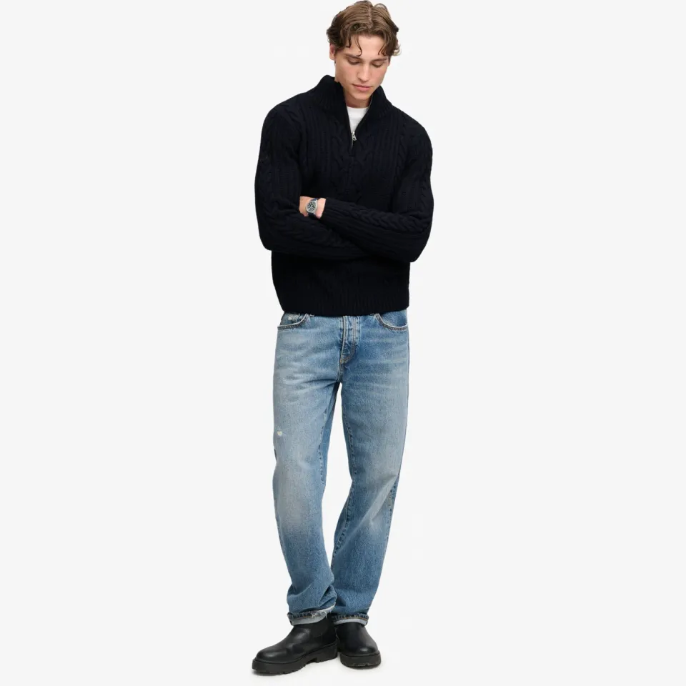 Superdry slim fit gebreide kabeltrui met kabels en wol - marineblauw, foto 4