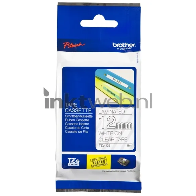 Brother TZE-135 wit op transparant breedte 12 mm