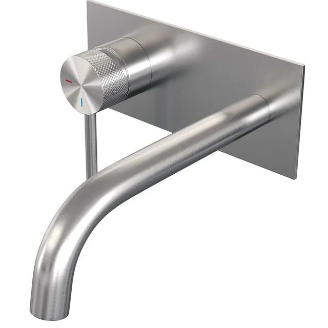 Brauer Inbouw Wastafelmengkraan Brauer Brushed Carving Coldstart Gebogen Uitloop Ronde Hendel Links Geborsteld RVS PVD Met Afdekplaat