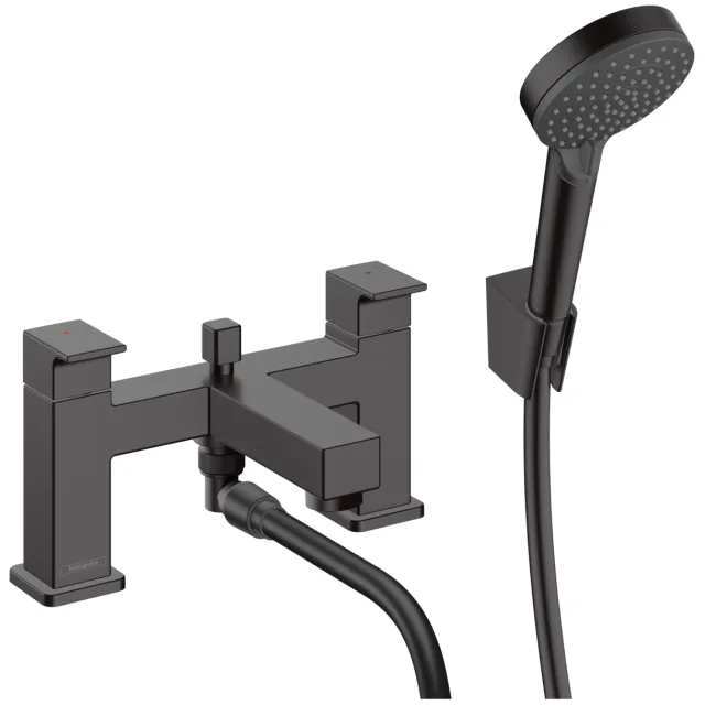 Hansgrohe Badrandmengkraan HansGrohe Vernis Shape 2-Gats met Stopkraan en Vernis Blend Handdouche Vario Mat Zwart