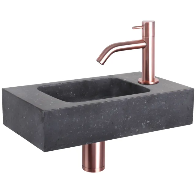 Differnz Fonteinset Differnz Bombai Natuursteen 40x22x9 cm Zwart Met Gebogen Kraan Rood Koper