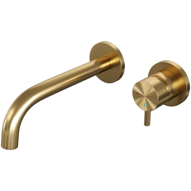 Brauer Inbouw Wastafelmengkraan Brauer Gold Edition Coldstart Gebogen Uitloop Korte Ronde Hendel Rechts Geborsteld Goud PVD Met Rozetten