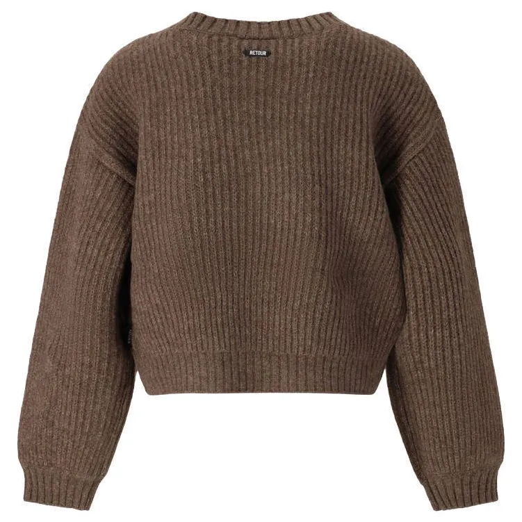 Retour Jeans rechtvallende gebreide trui met tekst - bruin Meisjes Acryl Ronde hals