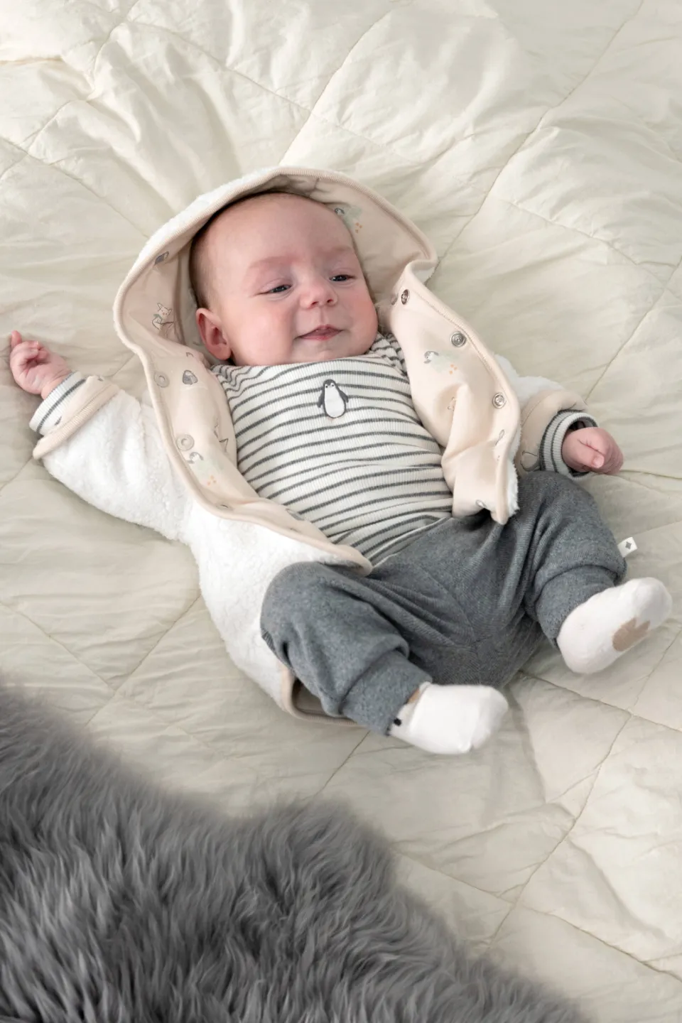 Feetje Penguin Cuddles reversible teddy winterjas offwhite Offwhite/zand