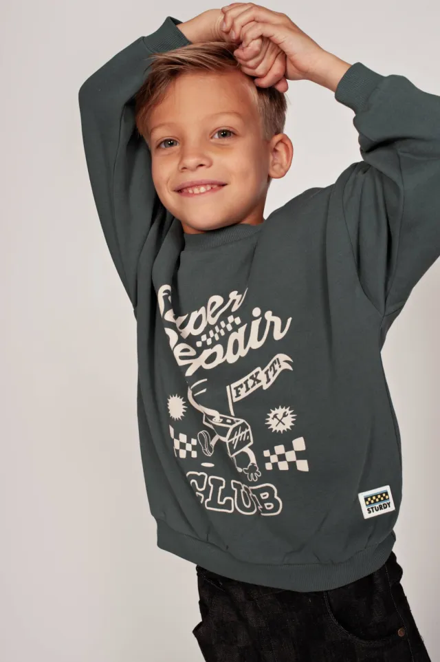 Sturdy oversized sweater met tekst - petrol/ecru