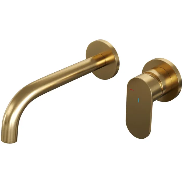 Brauer Inbouw Wastafelmengkraan Brauer Gold Edition Coldstart Gebogen Uitloop Platte Hendel Rechts Geborsteld Goud PVD Met Rozetten