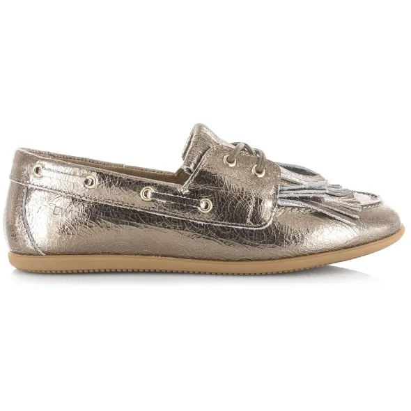 Dwrs Label Latty fringes crackled stone mocassins dames Brons