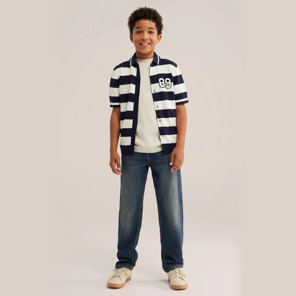 WE Fashion gebreide gestreepte polo - donkerblauw, foto 3