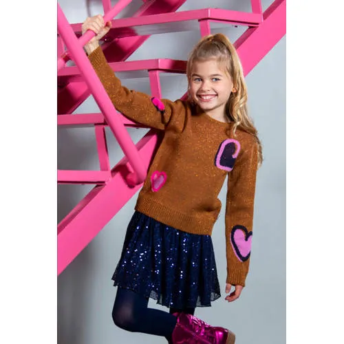 B.Nosy trui bruin met glitter Meisjes Polyamide Ronde hals Hartjes