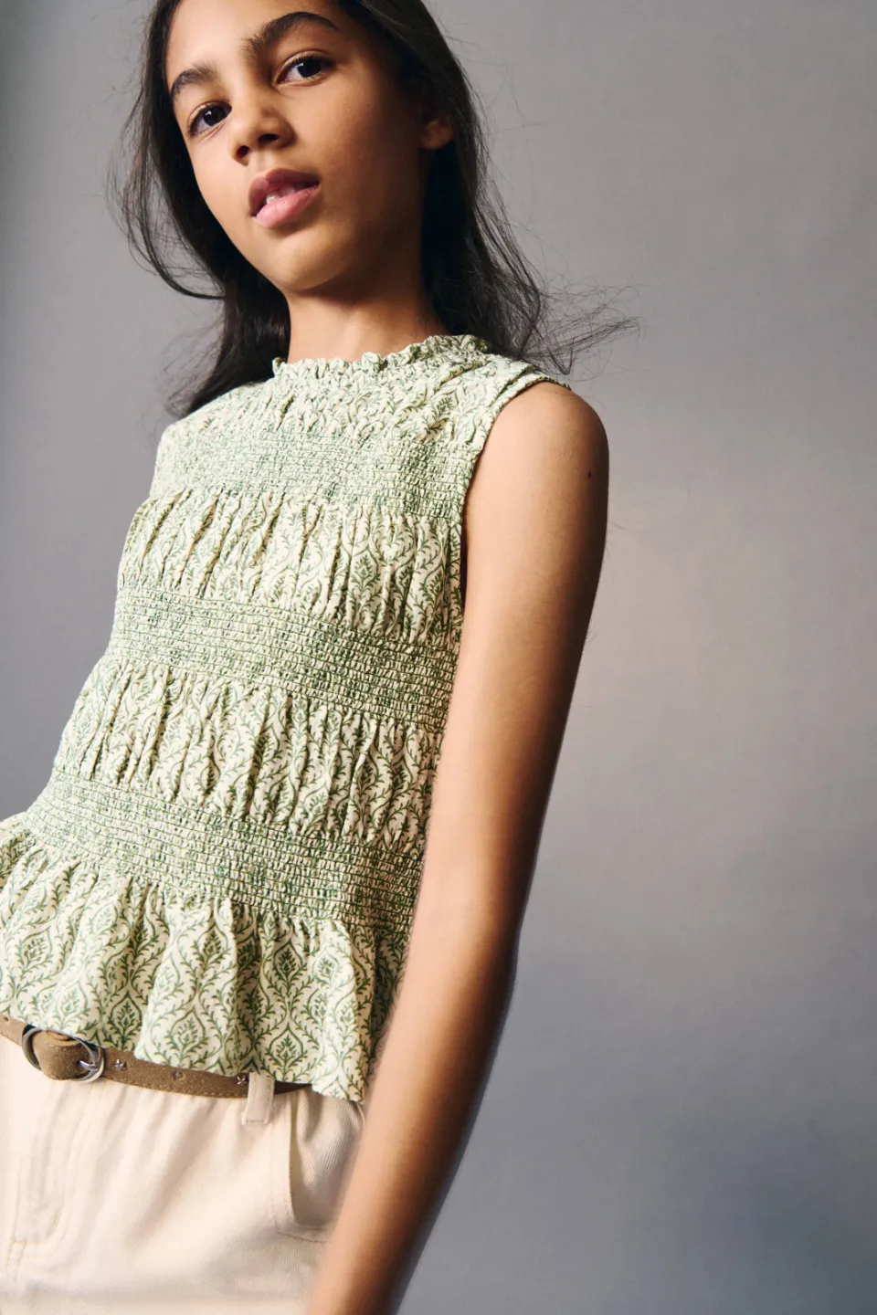 Mango Kids mouwloze blousetop groen ecru Groen/ecru