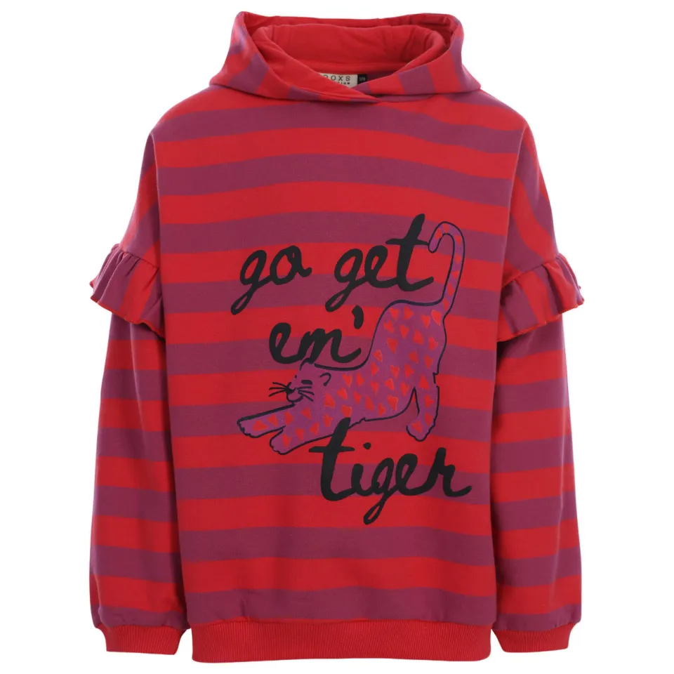 LOOXS little oversized gestreepte hoodie met ruches - rood/paars, foto 2