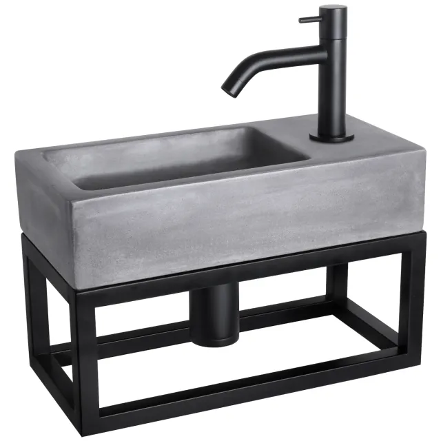 Fonteinset Differnz Ravo Beton en Handoekrek 38.5x18.5x9 cm Donker Grijs Met Gebogen Kraan Mat Zwart