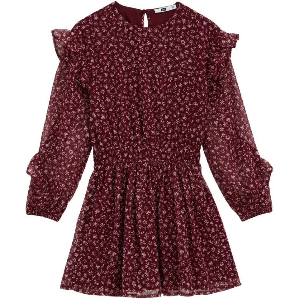 WE Fashion korte jurk met ruches donkerrood donkerrood/ecru, foto 2