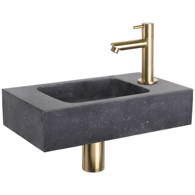 Fonteinset Differnz Bombai Natuursteen 40x22x9 cm Zwart Met Rechte Kraan Mat Goud
