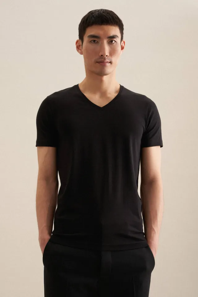 Seidensticker slim fit t-shirt V-hals zwart
