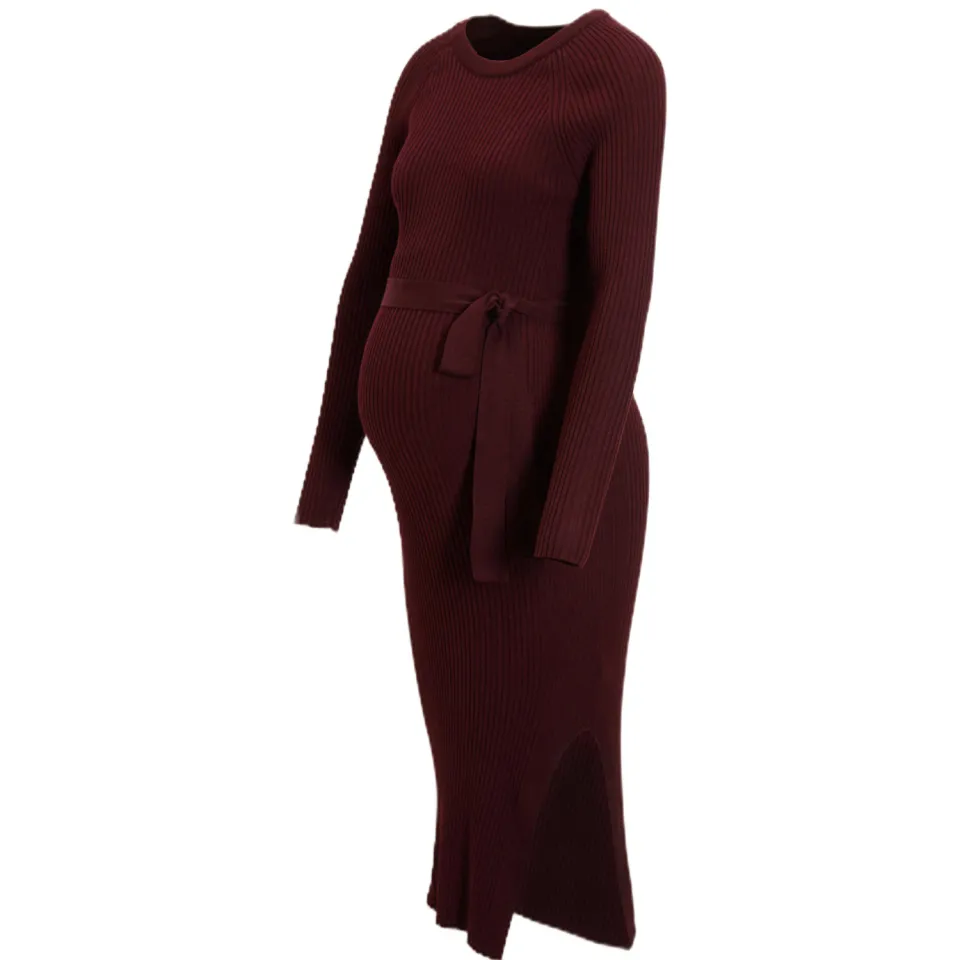 LOVE2WAIT zwangerschaps midi jurk met ceintuur donkerrood burgundy, foto 4