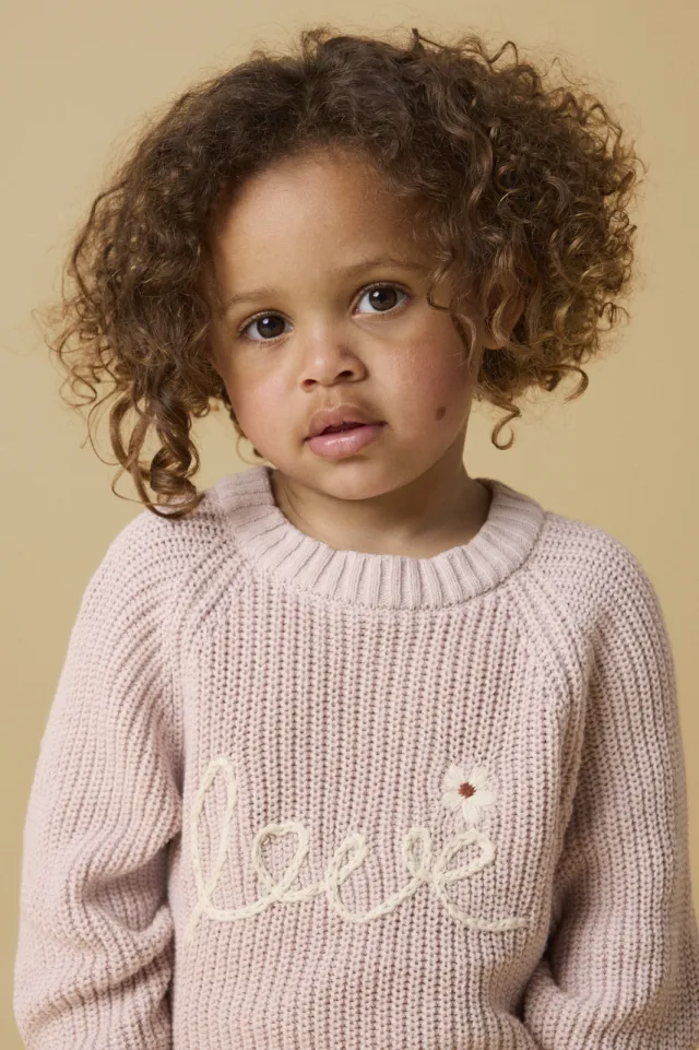 Lil' Atelier MINI katoenen regular fit gebreide trui met print en borduursels - oudroze, foto 4