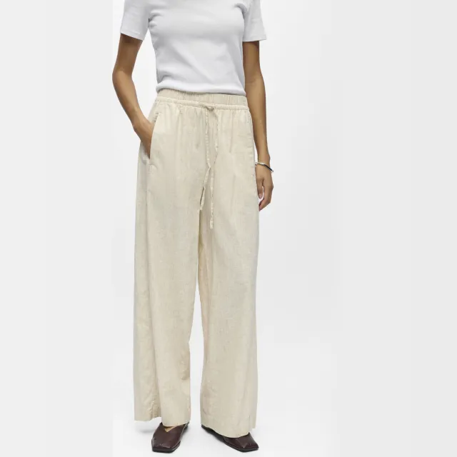 Object wide leg high waist casual broek met linnen zand Beige