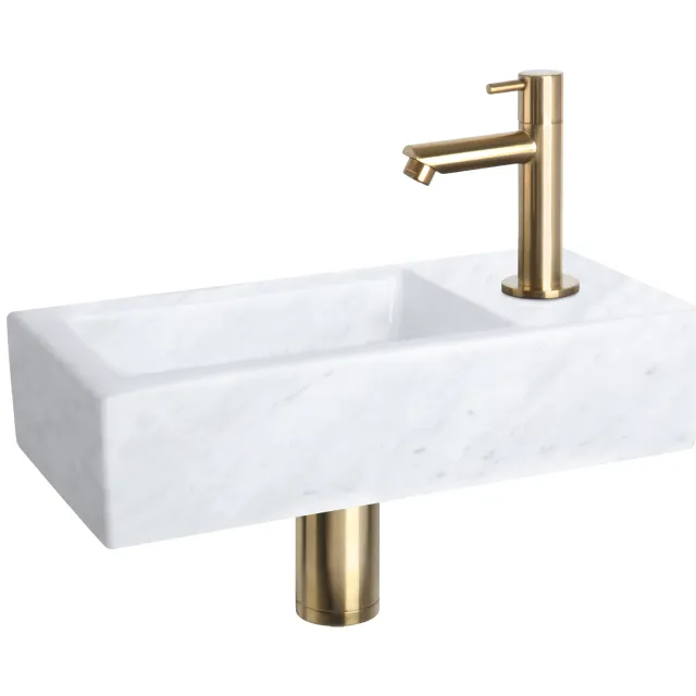 Fonteinset Differnz Helios 37.5x18.5x9.5 cm Marmer Wit Met Rechte Kraan Mat Goud