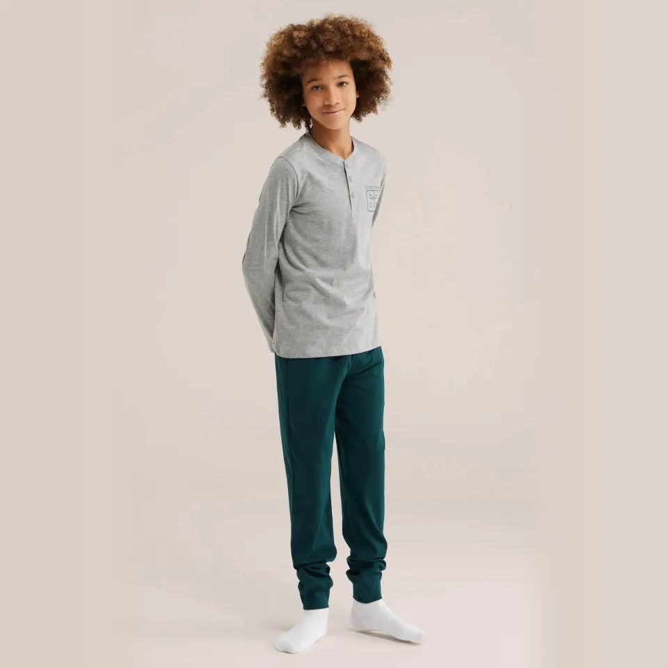 WE Fashion pyjama met print grijs donkergroen Grijs melange/donkergroen