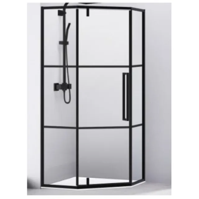 Van Rijn Douchecabine Van Rijn Vijfhoek Aluminium Zwart 90x200 Dubbelzijdige Nanocoating 6 mm Helder Glas