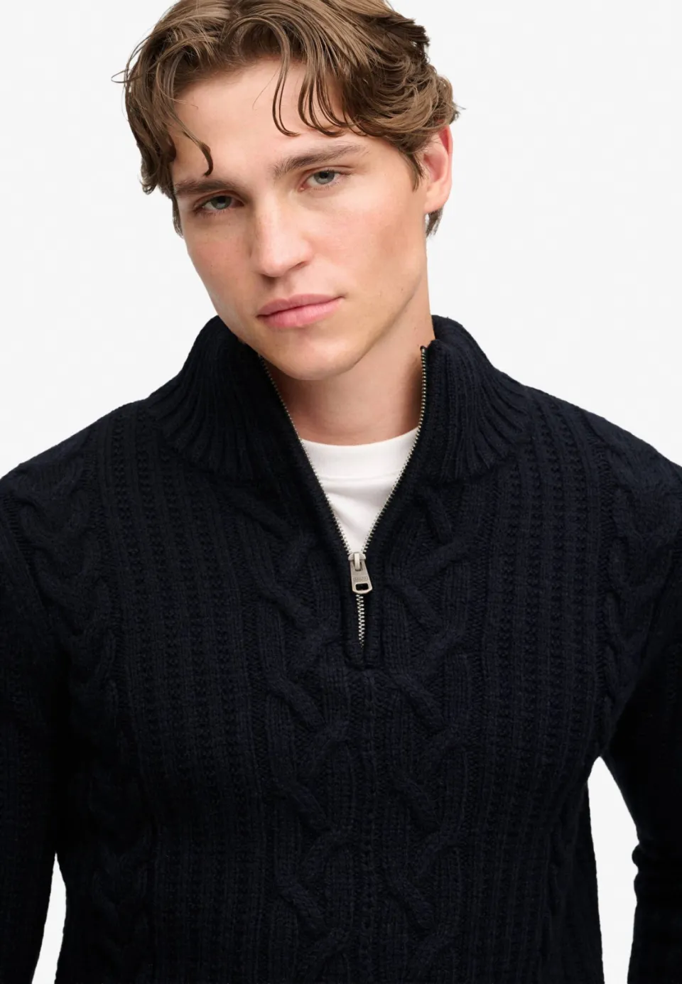 Superdry slim fit gebreide kabeltrui met kabels en wol - marineblauw, foto 6
