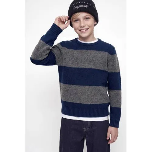 Jack & Jones JUNIOR gebreide gestreepte trui met wol - donkerblauw, foto 3