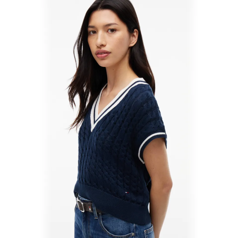 Tommy Jeans gebreide top met kabels - marineblauw, foto 5