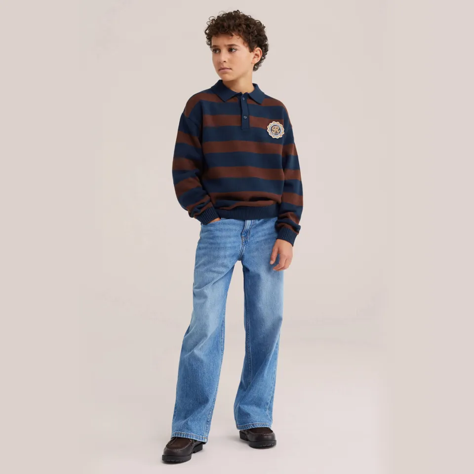 WE Fashion katoenen gebreide gestreepte trui met patches - donkerblauw/bruin
