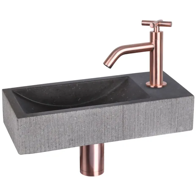 Differnz Fonteinset Differnz Ribble Natuursteen 38x18x8 cm Zwart Met Gebogen Kruis Kraan Rood Koper