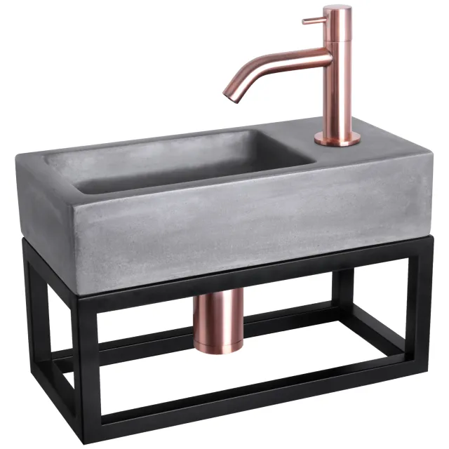 Differnz Fonteinset Differnz Ravo Beton en Handoekrek 38.5x18.5x9 cm Donker Grijs Met Gebogen Kraan Rood Koper