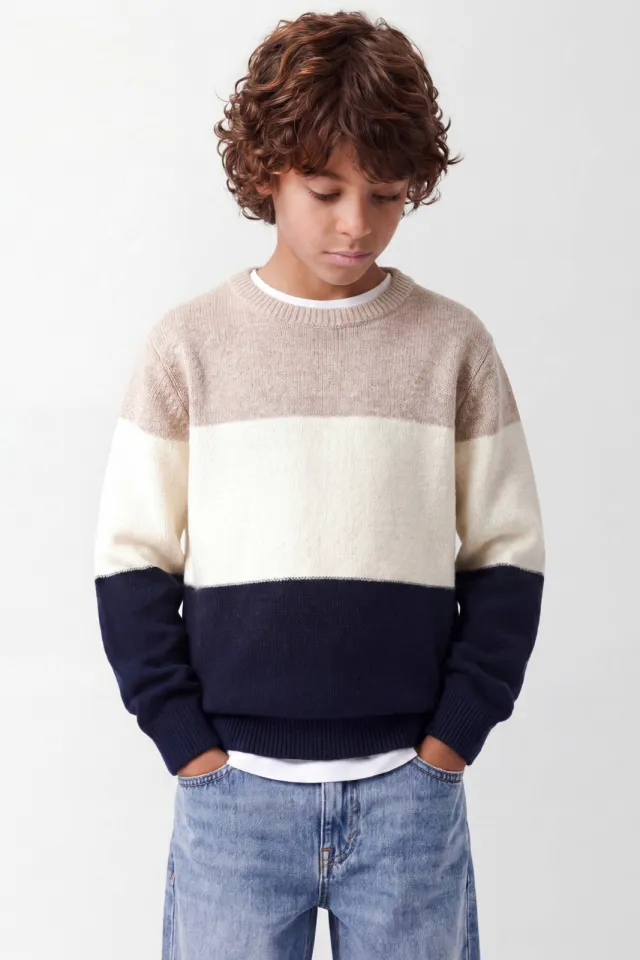 NAME IT KIDS katoenen rechtvallende gebreide gestreepte trui - beige Beige/ecru/donkerblauw