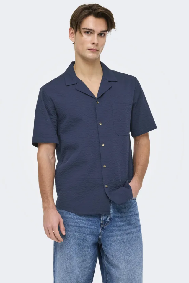 Only & Sons relaxed casual seersucker overhemd donkerblauw navy blazer., foto 4