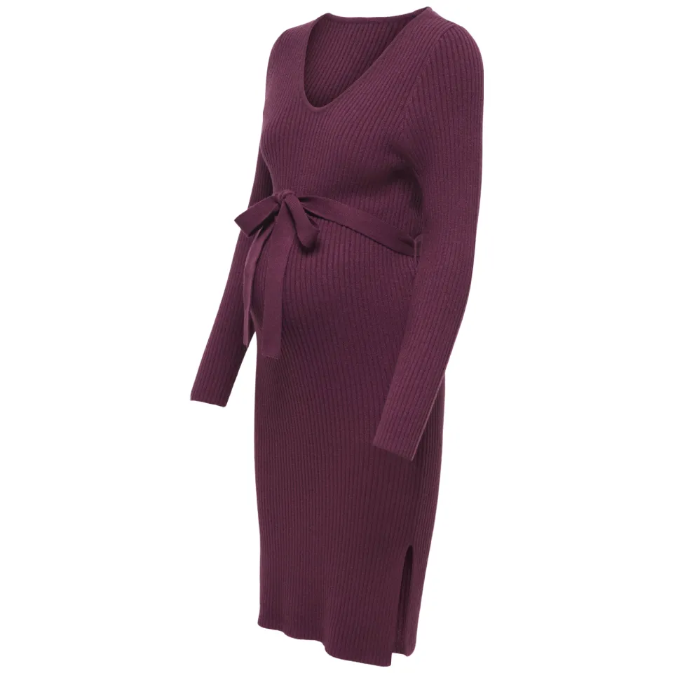 Only MATERNITY gebreide midi jurk V-hals donkerpaars, foto 3