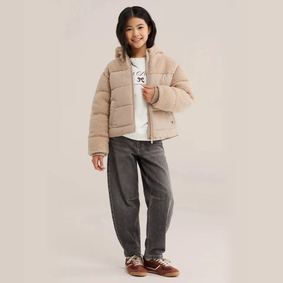 WE Fashion teddy winterjas beige meisjes