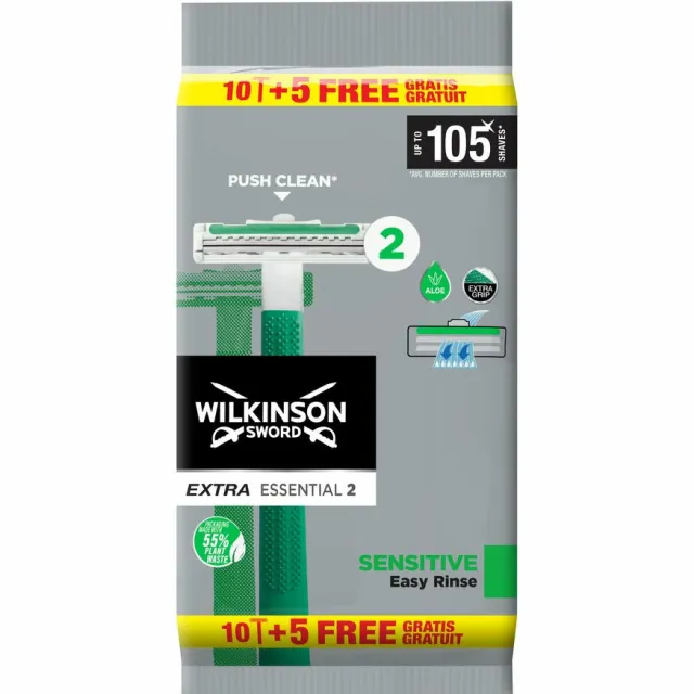 1+1 gratis: Wilkinson Wegwerpscheermesjes Extra Essential 2 Sensitive 15 stuks