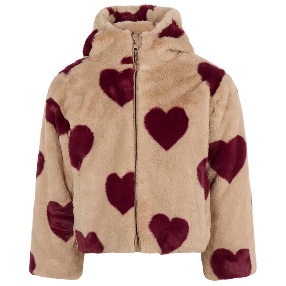 Shoeby teddy winterjas met hartjes - beige/donkerrood, foto 2