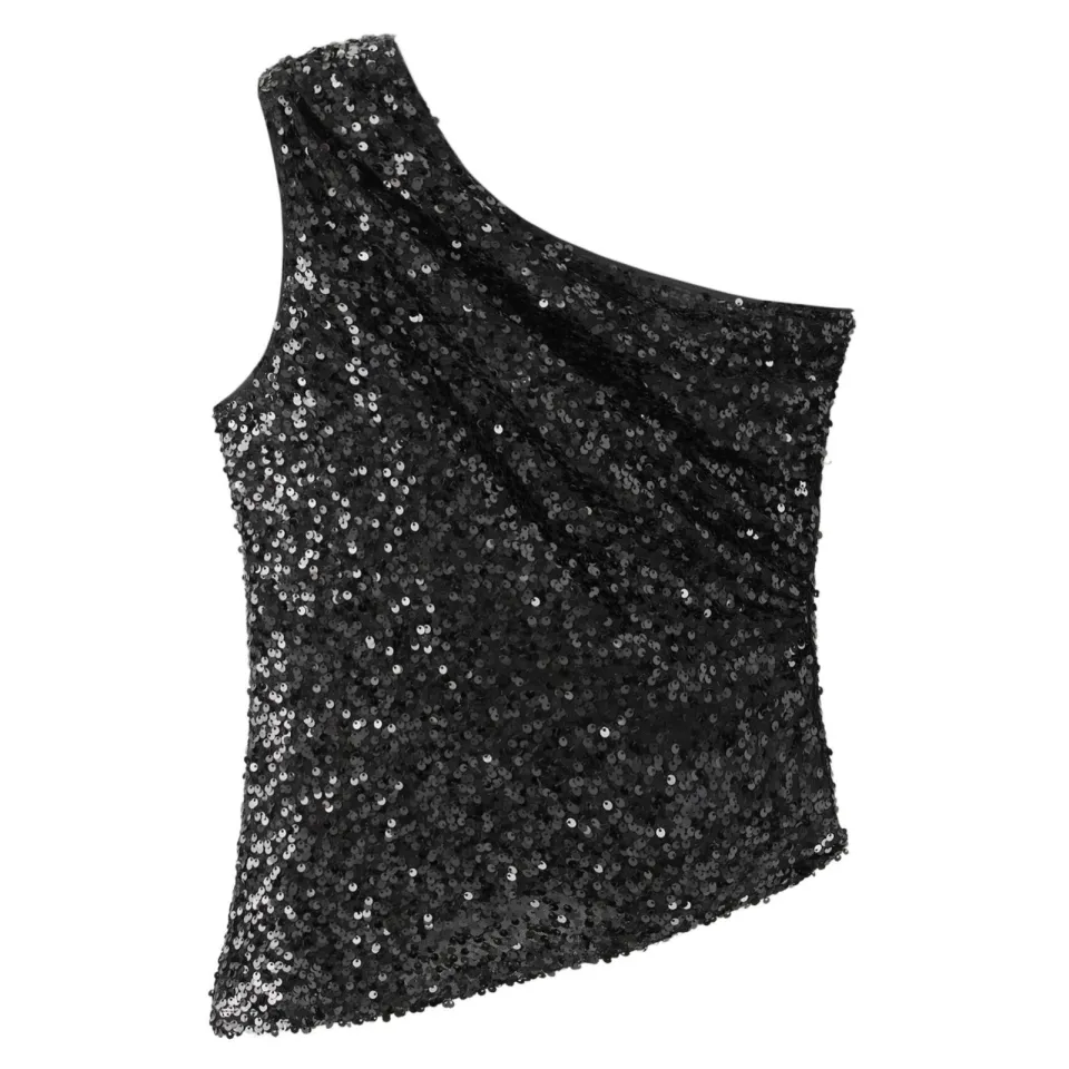 Mango TEEN one shoulder top met pailletten - zwart, foto 2