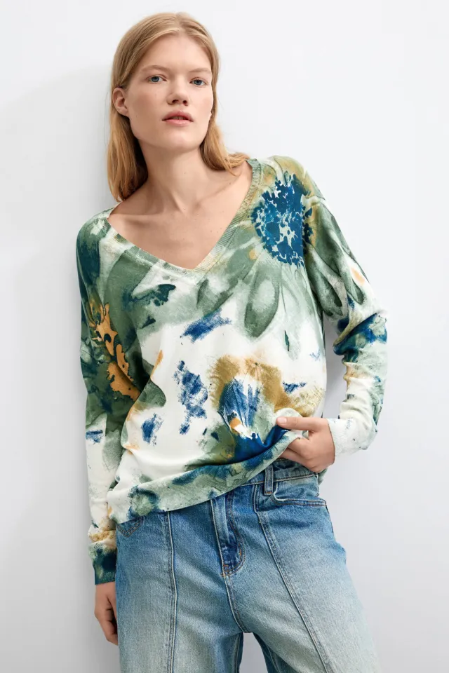 Desigual pullover met print - wit Wit/groen