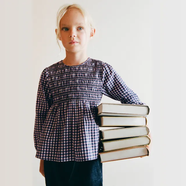 Mango geruite blousetop met smockwerk roze blauw paars Roze/blauw/paars