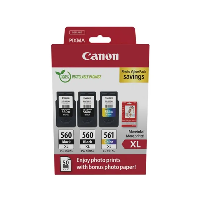 Canon PG-560 + PG-560 + PG-561 photo value pack (PG-560XL) Inktcartridge Zwart + 3 kleuren Multipack